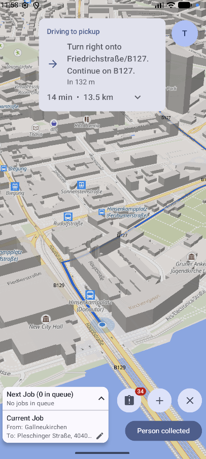 Atlas navigation to a pickup with turn instructions, a 3D map, and job controls.