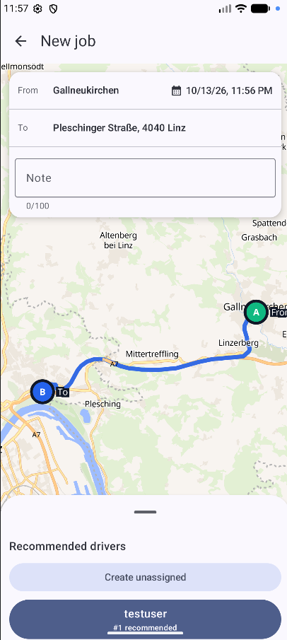 Creating a job with pickup, destination, route preview, and recommended drivers.