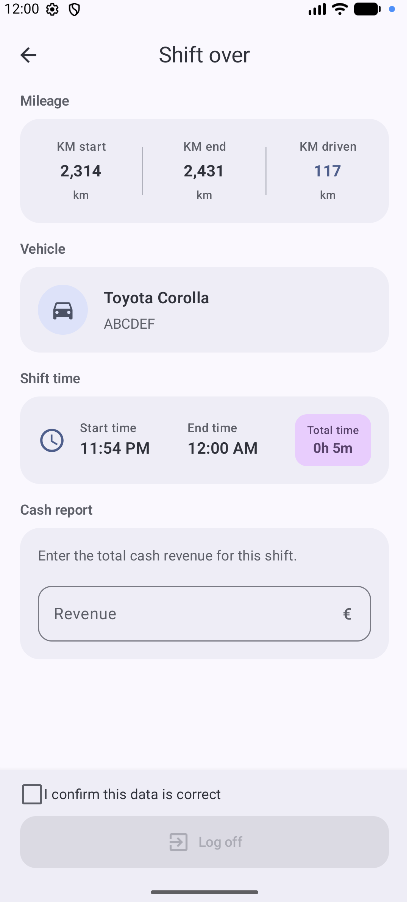 End-of-shift summary with mileage, vehicle, shift time, and cash report.